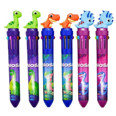 Maydahui 6 Pcs 10-in-1 Multicolor Dinosaur Pens 10 Colors Shuttle Retractable Ballpoint Pens Fun Cartoon Dino Print Pens for Student Teacher Office Supplies Christmas Stocking Stuffers