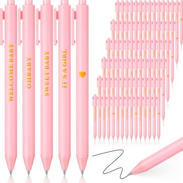 Lincia 100 Pcs Baby Shower Pens Retractable Ballpoint Pen with Black Ink Baby Shower Favors for Girls Party Baby Shower Games Decors Office School Teacher Student Writing Journaling Supplies, Pink