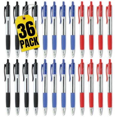 1InTheOffice Retractable Ballpoint Pen, Medium Point, 1.0mm, 12 Black, 12 Blue &amp; 12 Red Pens, 36 Pack