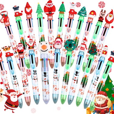 Tenceur 100 Pcs Christmas Multicolor Ballpoint Pen Bulk Retractable 6 in 1 Pens Xmas Tree Snowman Reindeer Santa Claus Pens in One for Student Teacher Office School Gift Supplies Party Favors