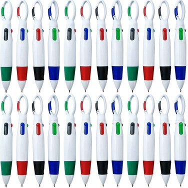 NSBELL 24PCS Plastic Carabiner Shuttle Pens 4-in-1 Retractable Ballpoint Pens Multicolor Pens with Buckle Keychain on Top for Office School Supplies Students Children Gift