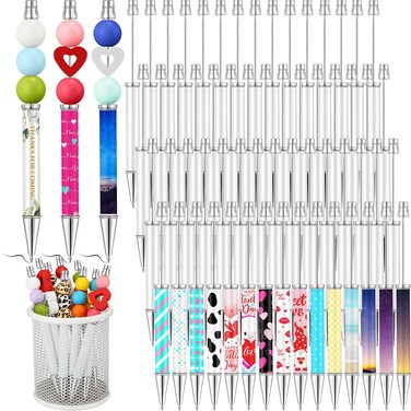 Spakon 60 Pcs Sublimation Beadable Blank Pens Metal Beaded Pens DIY Heat Transfer Ballpoint Pen Black Ink Pen Personal Customization Pen Gift for Christmas Guest Wedding Teacher Office School