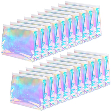 Dunzy 20 Pcs Holographic Makeup Bag Bulk, Clear Iridescent Cosmetic Bag Portable Waterproof PVC Makeup Pouch Gift Bag Zippered Toiletry Bag for Back to School Travel Teacher Women Teen Girls