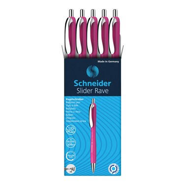Schneider&Acirc;&reg; Limited Edition Slider Rave Colors, XB (Extra Broad) Ballpoint Pen, Refillable + Retractable, 1.4 mm, Power Pink Barrel, Blue Ink, Box of 5 Pens (132509)