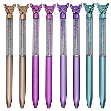 Maydahui 12 PCS Dog Shape Ballpoint Pens Bulldog Pen Retractable Bling Rhinestones Pen Cute Animal Puppy Pens Colorful Crystal Quicksand Pen Black Ink for School Party Home Students