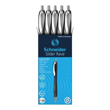 Schneider&Acirc;&reg; Limited Edition Slider Rave Black, XB (Extra Broad) Ballpoint Pen, Refillable + Retractable, 1.4 mm, White-Black Barrel, Blue Ink, Box of 5 Pens (132549)