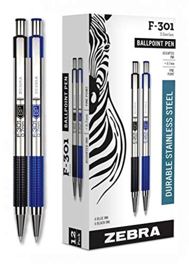 Zebra Pen Fine Point F 301, Bulk Combo Pack of 6 BLACK INK &amp; 6 BLUE INK metal pens (Total of 12 Pens), Ballpoint Stainless Steel Retractable 0.7mm fine point ink pens