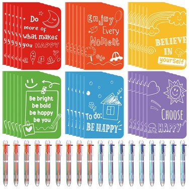 Fulmoon 30 Sets Mini Colorful Inspirational Notebooks for Students Happiness Themed Journals and 6 in 1 Multicolor Retractable Ballpoint Pens Class Prizes Motivational Notepads Office Supplies