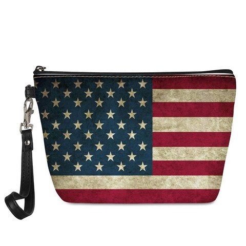Amzbeauty Women&#39;s American Flag Makeup Bag PU Leather Purse Toiletry Pouch Travel Cosmetic Bags with Handle Zipper