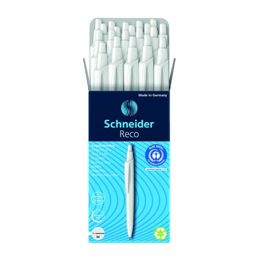 Schneider Reco Ballpoint Pen, M (Medium), Refillable and Retractable, White Barrel, Box of 20 Pens, Black Ink (131849)