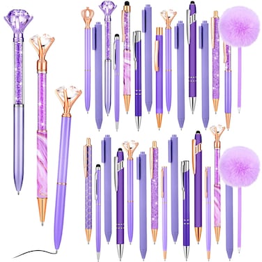 Saypacck 30 Pcs Purple Pens Crystal Diamond Ballpoint Pens Set Purple Gifts for Women Bling Crystal Diamond Retractable Pen with Black Ink Bulk for Journaling Glitter Pen Office Desk Supplies