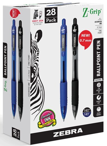 &acirc;&euro;ŽZebra Pen Zebra Pens Z Grip - 28 Pack Ink Pens, Retractable Ballpoint Z-grip Fine Point 0.7 mm 14 Black &amp; Blue Writing for School College Office Home Use., 28 Count (Pack of 1)