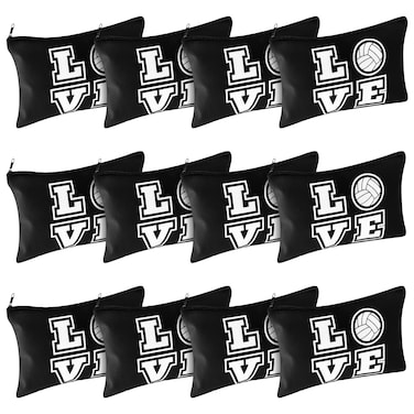 12 Pieces Volleyball Pouch Makeup Bag with Words Volleyball Travel Storage Bags Portable Storage Case Organizer Toiletry Bag Accessories with Zippers for Players Teams Women(Black,Love)