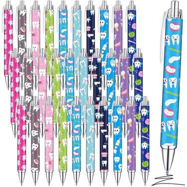Watersay 30 Pcs Dental Pen Gifts Retractable Tooth Pens Bulk Dental Ballpoint Pen Black Ink with Paper Scroll Inside Dental Assistant Accessories Dentists Pens for Office School Home Stationery