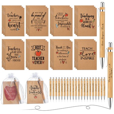 Jutom 30 Set Christmas Teacher Appreciation Gifts Bulk Inspirational Kraft Notebooks Small Notepads Motivational Journal Motivational Bamboo Ballpoint Pen with Organza Bag for Teacher Thank You Gift