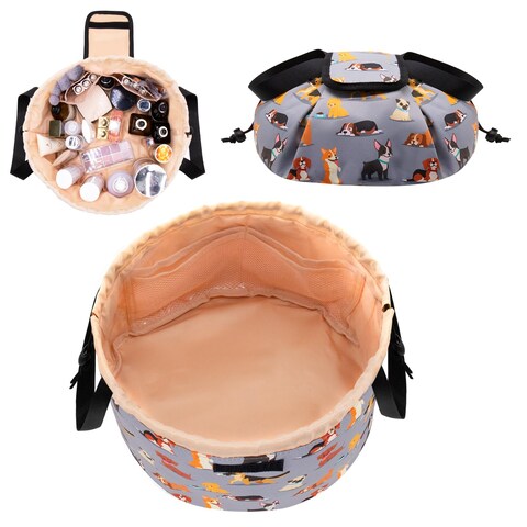Barrel Drawstring Makeup Bag Large Cosmetic Bag Toiletry Organizer Bag,Portable Large Capacity Smile Face Travel Makeup Bag for Travel Accessories Essentials and Hair Product (corduroy smile face)