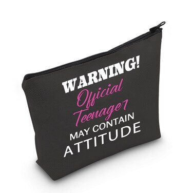 LEVLO Teen Birthday Gifts Warning Official Teenager May Contain Attitude Makeup Bags Official Teenager 13th Birthday Gifts (Official Teenager-black)