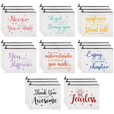 Kajaia 24 Pieces Inspirational Canvas Cosmetic Bags Makeup Bags with Zippers Appreciation Motivational Toiletry Purse Pouches Positive Travel Makeup Pouches for Girl Women Friends, 8 Designs (Bright)
