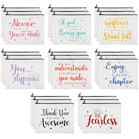 Kajaia 24 Pieces Inspirational Canvas Cosmetic Bags Makeup Bags with Zippers Appreciation Motivational Toiletry Purse Pouches Positive Travel Makeup Pouches for Girl Women Friends, 8 Designs (Bright)