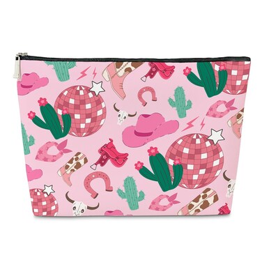 Cowgirl Makeup Bag, Coquette Pink Disco Cowgirl PU Leather Makeup Cosmetic Bag for Purse, Western Gifts for Women, Cowgirl Gifts, Western Cowgirl Stuff for Women, Country Girl Gifts Makeup Pouch