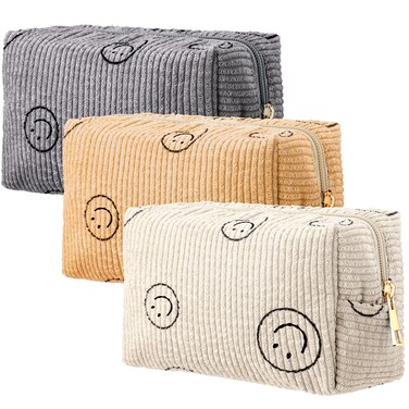 3 Pcs Corduroy Cosmetic Bag Smile Face Aesthetic Preppy Makeup Bag Corduroy Toiletry Aesthetic Pouch Travel Bags for Christmas Women Holiday Makeup Organizer Gifts(Stylish,White, Gray, Yellow)