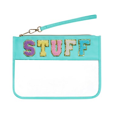 Hmxpls Chenille Letter Bag, Clear Flat Pouches with Zipper, Clear Makeup letter Bag, Multi-purpose Nylon Clear Cosmetic Bags, Clear Pouch Bag for Travel, Gym, Beach (Green-Stuff)