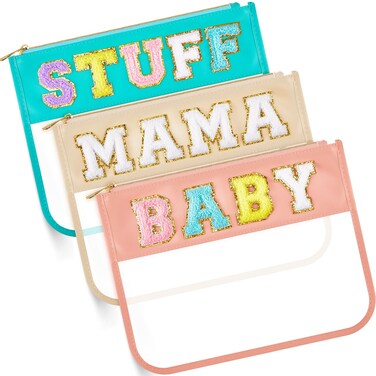 3 Pcs Chenille Letter Clear Zipper Pouch for Travel Waterproof Cosmetic Pouch Clear Snack Bags Nylon Travel Gym Beach Bag Multipurpose Makeup Bag for Women Girl (Novel Color,Mama, Stuff, Baby)