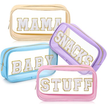 SilTriangle 4 Pcs Mama and Baby Toiletry Bag Clear Chenille Letter Pouch Snacks Makeup Bag Stuff Travel Cosmetic Bag Preppy Transparent Bag with Zipper for Christmas Women Gift(Macarons Color)