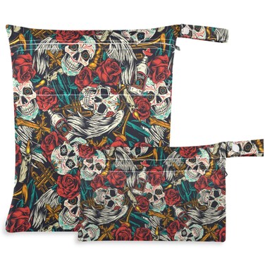 visesunny Sugar Skull Red Rose Day of Dead 2Pcs Wet Bag with Zippered Pockets Washable Reusable Roomy for Travel,Beach,Pool,Daycare,Stroller,Diapers,Dirty Gym Clothes, Wet Swimsuits, Toiletries