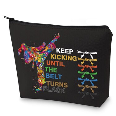 G2TUP Taekwondo Cosmetic Makeup Bag Karate Black Belt Gifts Keep Kickiing Until The Belt Turns Black Taekwondo Zipper Pouch Bag Taekwondo Girl Merch (Keep Kickiing)