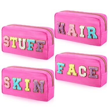 Hillban 4 Pack Chenille Letter Bag Makeup Bag Preppy Skincare Bag Nylon Cosmetic Pouch Zipper Waterproof Organizer Makeup Travel Bag Set for Teen Girls Women Travel Toiletry