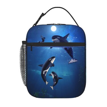 SARA NELL Killer Whale Lunch Box Orca Moon Galaxy Lunch Bag Insulated Reusable Portable Lunch Tote Cooler Bag for Men Women Teens Kids, Office Work School Travel Lunchbox, Black White Blue