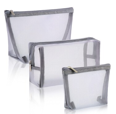 Boao 3 Pieces Mesh Cosmetic Bag Mesh Makeup Bags Mesh Zipper Pouch for Offices Travel Accessories, 3 Sizes (Grey)