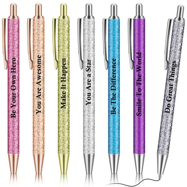 7 Pcs Inspirational Glitter Pens Motivational Quotes Pens Encouraging Black Ink Pens Metal Ballpoint Pens Appreciation Gifts for Kids Students Women Men Office Supplies (Inspirational)
