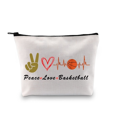 PXTIDY Basketball Makeup Bag s Basketball Gift Peace Love Basketball Makeup Zipper Pouch for Basketball Players Basketball Team Gift for Basketball (Beige)