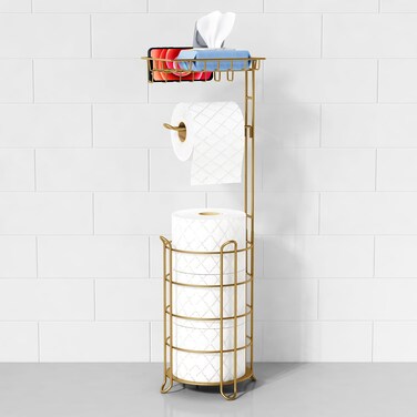 Goozii Gold Free Standing Toilet Paper Holder Stand with Phone Shelf, Floor Bathroom Tissue Holder for Large Mega Rolls, Metal Freestanding Toilet Paper Roll Holder with Wipes Storage Tray