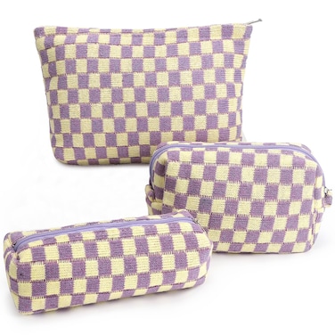 Makeup Bag Checkered Cosmetic Bag Large Capacity Traveling Toiletry Pounch Organizer Cute Makeup Brushes Aesthetic Accessories Storage Bag for Girls Women (Purple-White)