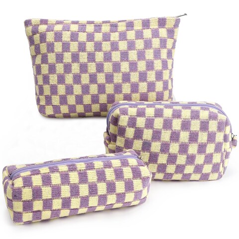 Makeup Bag Checkered Cosmetic Bag Large Capacity Traveling Toiletry Pounch Organizer Cute Makeup Brushes Aesthetic Accessories Storage Bag for Girls Women (Purple-White)