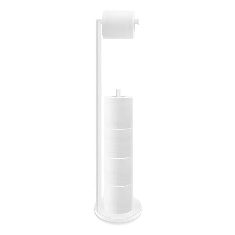 RRM Toilet Paper Holder Stand, Bathroom Free Standing Toilet Paper Holder with Reserve Storage 3-4 Toilet Paper Rolls, Double Rod 26.4-inch Stainless Steel Toilet Paper Holder Stand (White)