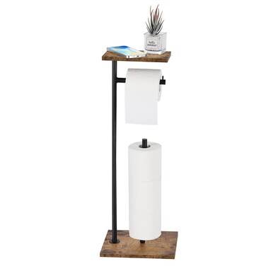 Toilet Paper Holder Stand Bathroom Toilet Paper Roll Holder with Shelf, Free Standing Toilet Paper Holders Floor Stand Freestanding Tissue Dispenser for Reserve Wipe Mega Rolls, Phone