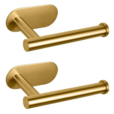 Self Adhesive Toilet Paper Holder, Stainless Steel Wall Mounted Toilet Paper Holder, Adhesive Mounting, No Drilling Toilet Paper Holder Suitable for Bathroom, Kitchen, Toilet, RV(Brushed Gold 2Pack)