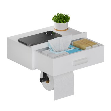 Toilet Paper Holder with Shelf,Wall Mount/Self Adhesive White Toilet Paper Holder,Wipes Dispenser for Bathroom,Wood Toilet Roll Holder with Storage Drawer
