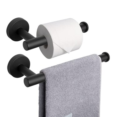 NearMoon Bath Toilet Paper Holder+ Hand Towel Holder, 2 Pieces Bathroom Hardware Set- Premium 304 Stainless Steel Toilet Roll Holder and Towel Rack Wall Mounted for Bathroom/Kitchen (Matte Black)