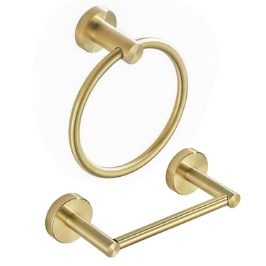 BATHSIR Brushed Gold Toilet Paper Holder &amp; Hand Towel Holder Wall Mount 2 Pieces, Double Post Pivoting Round Modern Bathroom Hardware Towel Ring Toilet Tissue Holder, Bathroom Accessories Set