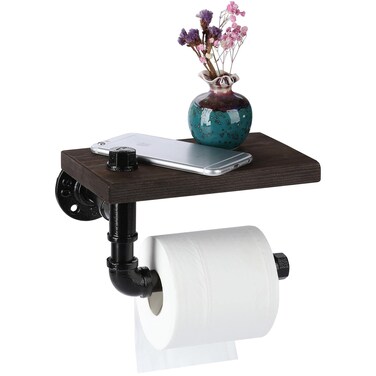 Luuuuucky Toilet Paper Holder with Shelf, Industrial Wall Mounted Tissue Roll Hanger with Rustic Wooden Shelf for Bathroom, Washroom (Black)