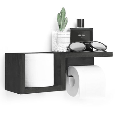 Wooden Black Toilet Paper Holder with Shelf - Wall Mount Farmhouse Toilet Paper Holder Storage Rack for Tissue Rolls, Rustic Bathroom Washroom Decor Black