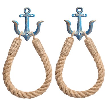 2 Pcs Nautical Rope Toilet Paper Holder Wall-Mounted Towel Ring Nautical Toilet Paper Holder with Metal Hooks Coastal Towel Rack Natural Antique Rope(Blue+Blue)