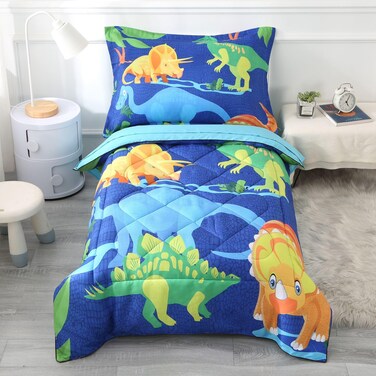 Wowelife 4 Piece Dinosaur Toddler Bedding Set Toddler Bed Sheets Sets for Boys Green Kids Toddler Comforter Set Breathable and Soft with Comforter, Flat Sheet, Fitted Sheet and Pillowcase