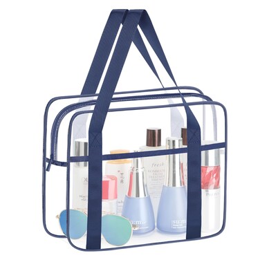 HAOGUAGUA Extra Large Clear Cosmetic Makeup Bag, Transparent PVC Tote Shoulder Bag Stadium Approved, Waterproof Clear Toiletry Carry Pouch Makeup Artist Bag Diaper Bag (Blue)