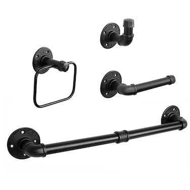 NearMoon 4 Pieces Industrial Pipe Bathroom Hardware Set, Include 18 Inch Towel Bar, Towel Ring, Toilet Paper Holder and Robe Hook, Heavy Duty Rustic Iron Decor Wall Mounted Accessories Kit (Black)